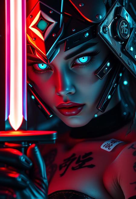 Extreme close-up of a cybernetic samurai holding a glowing sword. Sharp metal meets soft synthetic flesh. Silicone skin. Sexy attire. Preternatural beauty. Cute heart-shaped face, glowing eyes, small chin, puffy lips, metallic mask, bioluminescent tattoos, glowing Chinese runestones, light particles, UV lighting. Hyper-detailed textures. Hyperrealism. Moody, intense atmosphere. Cyberpunk setting.