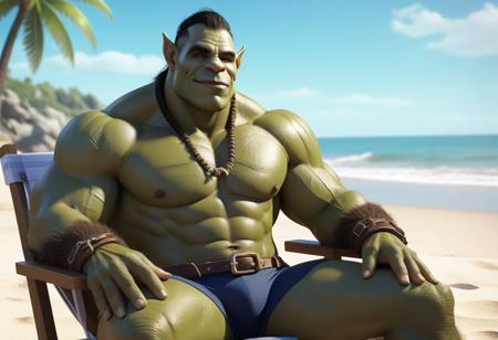 wowrcs, orc face, gentle smile, swole vein body, swimsuit, bulgue, hairy, slightly hairy, handsome like a gigachad, orc tusk, rest in the chair, beach, cartoon cgi style