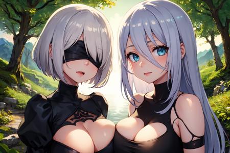 masterpiece,best quality, outdoors, trees, mountains, <lora:asanagi:0.35>
AND 1girl. solo,hm2b, black blindfold, short hari, covered eyes, mole under mouth, clothing cutout, long sleeves, puffy sleeves, juliet sleeves, feather trim, black thighhighs, black gloves, black dress, black skirt, looking at viewer, white hair, huge breasts,[ <lora:y2b_v2-1:0.75>#cmd\(cooldown\(0.3\)\)]
AND 1girl, solo, a2_nierautomata, white hair, long hair, gloves, black gloves, elbow gloves, mole, tank top, hair between eyes, looking at viewer, huge breasts, [ <lora:a2_nierautomata-10:0.75>#cmd\(cooldown\(0.5\)\)]