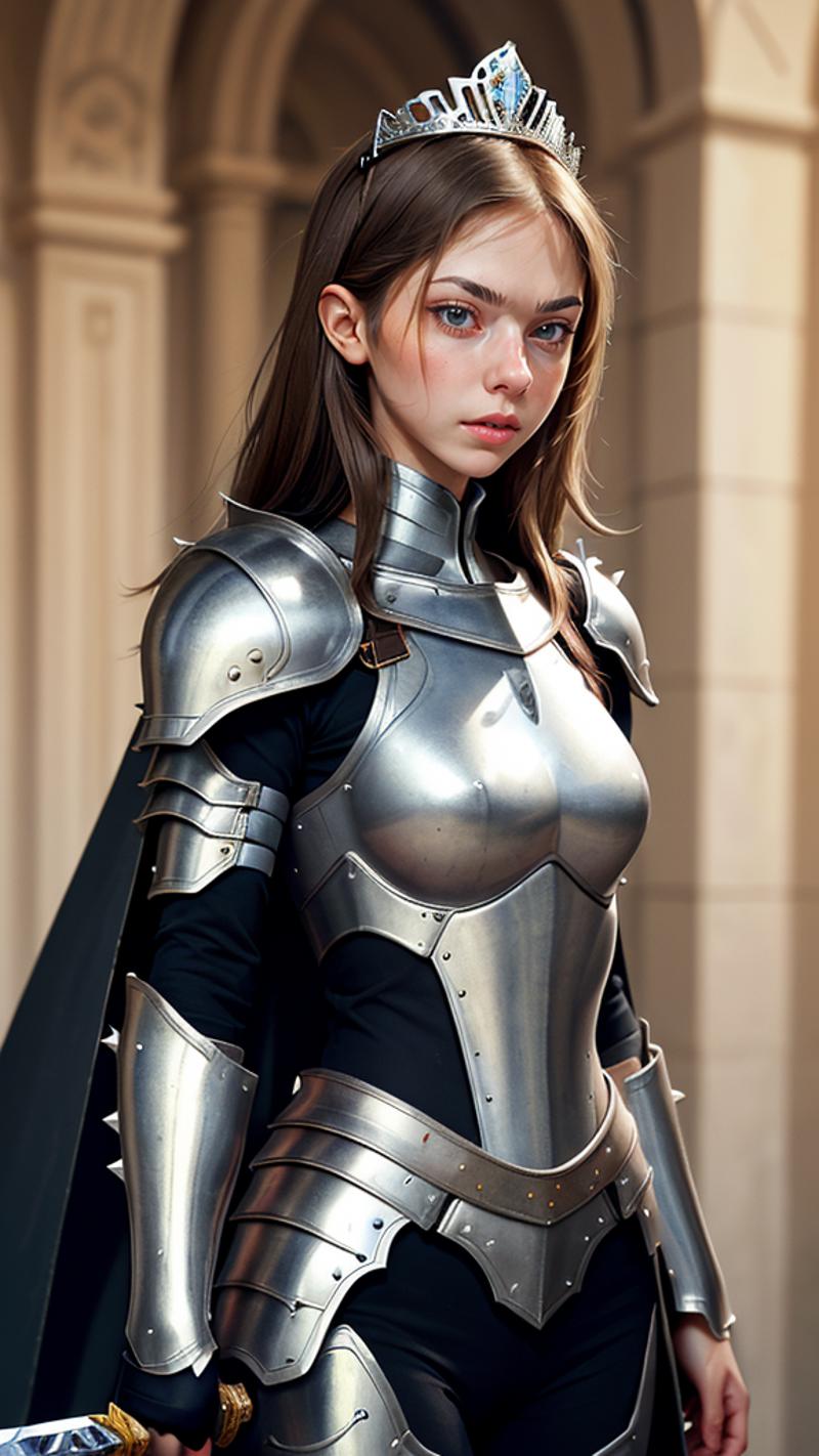A woman wearing a silver armor and holding a sword.