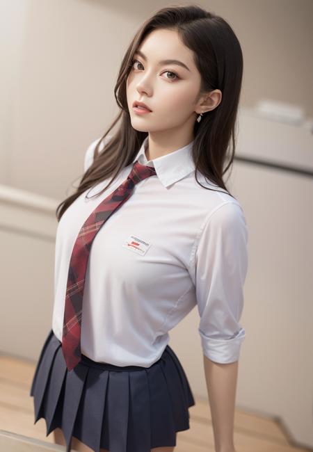 solo,school uniform, wide angle, (low angle),earrings,fabric pleated skirt, necktie,posing,campus,half-length photo,cowboy shot, 
(looking at viewer),
   red_lips,shiny skin,(skindentation),unparalleled masterpiece, ultra realistic 8k CG, clean, beautiful face, unparalleled masterpiece, ultra realistic 8k CG, clean, beautiful face, shiny skin, skindentation,best quality, ultra high res, (photorealistic:1.4)