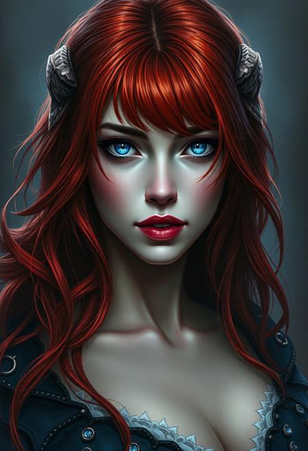 A woman with Red hair and Luminous eyes looks at the camera, Beautiful picture of the character, character portrait, character portrait, 🤤 Charlie Bowater character art, epic portrait illustration, подробныи character portrait, neo-artcore and Charlie Bowater, high quality portrait, fantasy concept art portrait, detailed matte fantasy portrait, charlie bowater art style, Detailed beautiful portrait, fantasy art portrait, dark, chiaroscuro, low-key, oil and watercolor painting