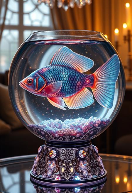 In a breathtaking, hyper-realistic image, a majestic fish swims in a crystal-clear fishbowl, its scales shimmering with a cosmic pattern that seems to mirror the stars and galaxies of the universe. The scales glimmer with a soft, ethereal light, as if they're infused with stardust. The fish's body is rendered in exquisite detail, with delicate fins and a flowing tail that seems to ripple the water. The fishbowl itself is a work of art, with a gem-encrusted pedestal that seems to glow with an inner light. The pedestal is adorned with intricate, swirling patterns that evoke the mysteries of the cosmos. The water in the bowl has a cosmic quality to it, with shimmering, iridescent hues that seem to shift and change as the fish swims. The surrounding environment is a warm, cozy room, with soft, golden lighting that casts a gentle glow on the fishbowl. The room's decor is elegant and refined, with plush furnishings and delicate, crystal ornaments that seem to sparkle in the light. The overall effect is one of serene, otherworldly beauty, as if the fish and its cosmic scales have transported the viewer to a realm beyond the ordinary. Highest-Quality, 4k, intricate details, visually stunning, Masterpiece