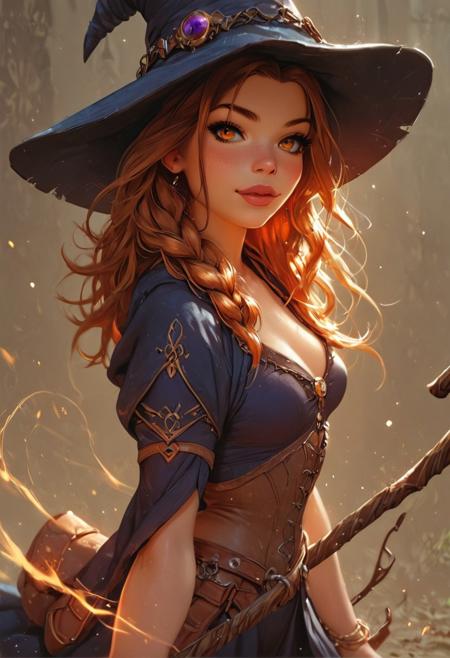 score_9, score_8_up, score_7_up,score_6_up, 1girl, BelleXLP, burple hair, orange eyes, manic look, view from above, looking at viewer, riding a magic staff sidesaddle, dressed as a witch, witch hat
