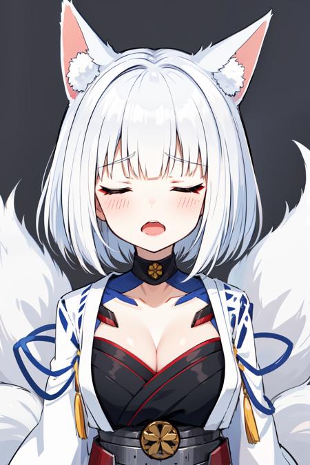 <lora:kaga-10:1>kaga(azur lane), 1girl, upper body, japanese clothes, animal ears, white hair, animal ear fluff, >_<, solo, kimono, fox ears, closed eyes, cleavage, chibi, simple background, white kimono, blush, emphasis lines, short hair, open mouth