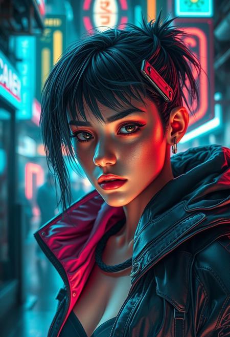 A portrait of a cyberpunk character in a neon-lit urban environment . The scene is detailed and realistic, emphasizing the futuristic, cyberpunk  aesthetic. The setting is immersive, with intricate details like holographic displays