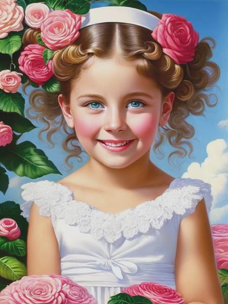 marble, style of margaret brundage, cheerful, happy, girl 5 years old , symmetrical, very detailed eyes, beautiful lips, beautiful hairstyle done in a beauty salon, daylight, floral background, beautiful clouds ,clearly drawn lines, Ultra realistic photorealistic , Emile Munier stil, Alberto Vargas stil, no text