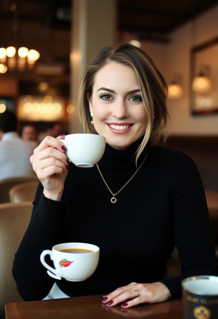 <lora:jana-defi:1>
 woman with big breasts, looking at the camera, wearing a black turtleneck sweater, necklace, holding a white porcelain cup of coffee, smile, sitting in a cafe, 35 mm shot, soft lighting