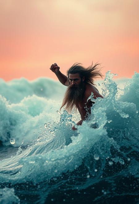 A neon-pastel Scene captured By Guy Ritchie: Capture the modern casual essence of moses as he relentlessly split up a desolate huge sea into gigantic waves. Explore the somber tones and bleak atmosphere in your depiction, emphasizing the eternal struggle and challenge of his task