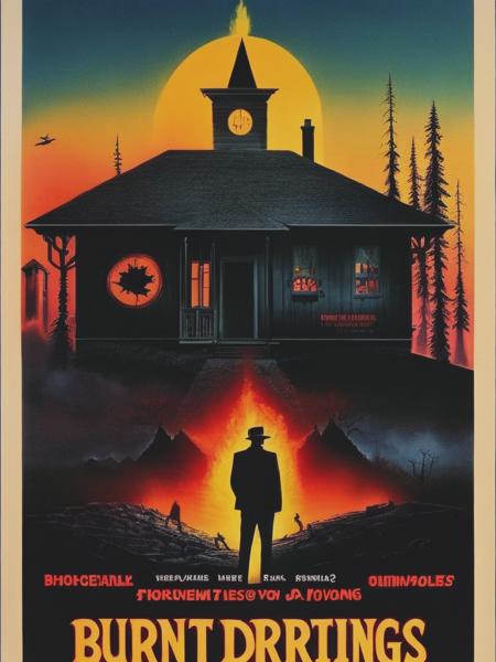 <lyco:MoviePoster:1.0> A 1970's movie poster of Burnt Offerings, horrorcore, trendy text