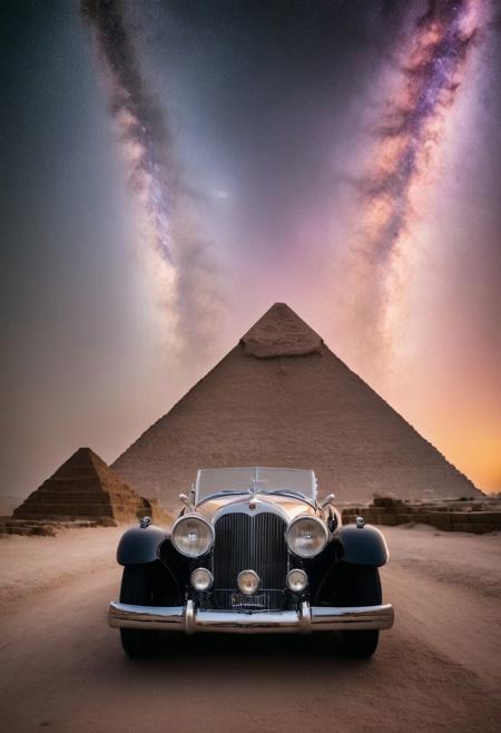 Photo of a duesenberg-j roadster parked in front of the three pyramids of Giza, sunset, nebula, milky way galaxy.