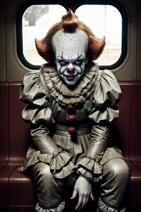 pennywise, sitting in a train, 8k, 4k, detailed<lora:pennywise-000006:1>