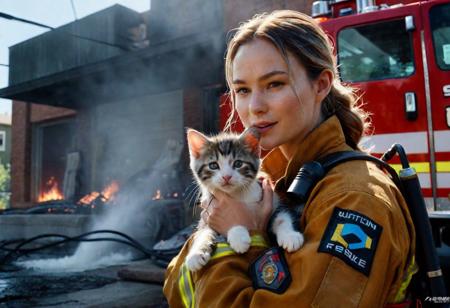 Ultra-detailed [Fujifilm XT 100v] 50mm lens Raw colors photography of a [Gorgeous girl firefighter] outside a burning building, rescuing a kitten, lots of water pouring, ultra realistic masterpiece by Alyssa Monks, high clarity, realistic shading, gradient shadows, volumetric dynamic particles, soft macros, light hue, atmospheric reflections, natural reflexive lighting, cinematic lights, trending at artstation, ray tracing lighting, professional color grade, subsurface scattering, sharp features, gigapixel, 32K, UHD, Style Raw, ultra hd, realistic, vivid colors, highly detailed, UHD drawing, pen and ink, perfect composition, beautiful detailed intricate insanely detailed octane render trending on artstation, 8k artistic photography, photorealistic concept art, soft natural volumetric cinematic perfect light