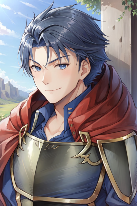 <lora:Hector_FE-10:0.9> hector fe, blue hair, solo, smile, short hair, scenery, 1boy, closed mouth, male focus, cape, armor, portrait, red cape