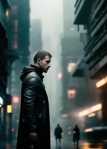 close-up of man's face walking on a busy sidewalk, sci-fi city at night, raining, Style-BladeRunner2049-8v, partial face, face focus