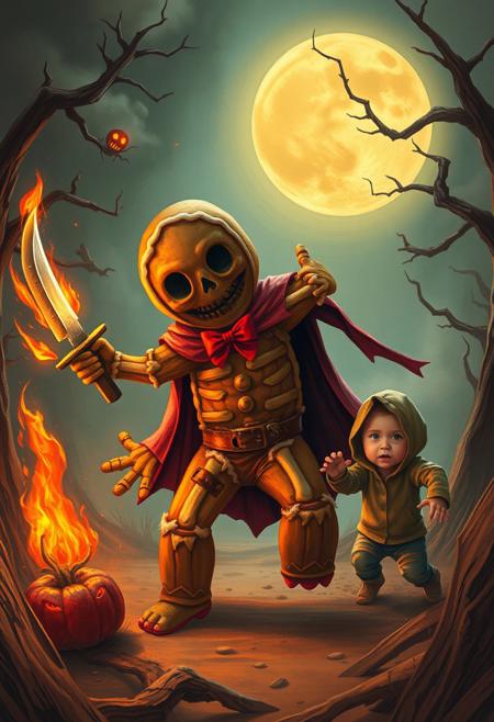 Gingerbread man hallowen skeletor  g with a knife in his hand chasing a child