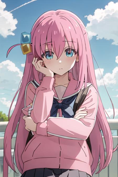 best quality, masterpiece, highres, solo, {goto_hitori_bocchitherock:1.15}, pink_hair, bangs, long_hair, hair_between_eyes, cube_hair_ornament, one_side_up, hair_ornament, blue_eyes, 1girl, blue_sky, cloud, day, outdoors, sky, closed_eyes, school_uniform, upper_body, white_sailor_collar