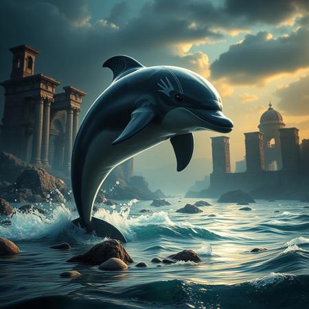 Create a dramatic, 8K, HDR environmental shot of a Chrysalis Dolphin in a Legendary Ocean setting, with a focus on its broad shoulders and leader-like presence. Incorporate a sense of trecking and exploration, set against the backdrop of ruins. The image should evoke a sense of 'behold' and 'painfully adorable.' Combine the styles of Artgerm, Greg Rutkowski, and Alphonse Mucha, with a mix of realistic and hand-painted textures. Utilize Unreal Engine 5, DAZ, and Octane Render for hyperrealistic results.