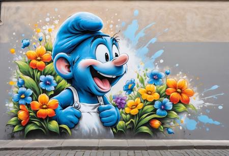 A colorful street mural featuring a Smurf character holding a bright bouquet of flowers. The Smurf is smiling and surrounded by a variety of bright and cheerful blooming flowers. The background of the mural includes splashes of blue and gray, creating a lively and artistic atmosphere. The scene is set in a quaint alleyway with a cobblestone street and lush greenery on the sides.