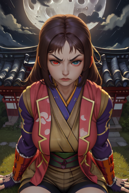 Akane, long brown hair,heterochromia,mean face,  
looking at viewer,  
fingerless gloves, bike shorts
 upper body,  sitting, 
from above, standing, Japanese building,nighttime,moon,Sengoku period, wall, 
(insanely detailed, beautiful detailed face, masterpiece, best quality) 
 <lora:AkaneYagyu-10v4:0.7>