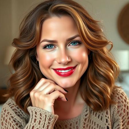A confident, smiling woman with wavy, voluminous, light brown hair that reaches past her shoulders. Her hair has a natural, slightly tousled texture. She has a fair complexion with subtle makeup: neutral eyeshadow, defined eyeliner, and bold red lipstick. Her expression is relaxed and self-assured, with her chin resting gently on her hand, her fingers partially covering her cheek. Her nails are painted in a dark, elegant color.
She is wearing a bohemian-style, open-knit crochet top in a beige or light brown tone, with intricate patterns and visible texture. The top has short sleeves and a loosely woven design, giving it a casual, summery feel. The background is softly blurred, hinting at a cozy indoor space with neutral tones and subtle decor.
Camera Details:
Close-up, portrait orientation
Soft lighting, warm tone
Shallow depth of field for a blurred background
Natural, candid pose with slight smile and direct gaze toward the camera