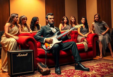 Create an image of Abraham Lincoln playing a Fender Stratocaster electric guitar while sitting on a plush red sofa. The scene is set in a modern room with a Marshall amplifier beside him. Surrounding him are several groupies, but instead of modern attire, they are wearing ancient garments, such as flowing togas, Roman tunics, or Egyptian robes. The contrast between Lincoln’s rock-and-roll vibe and the groupies’ ancient clothing creates a unique blend of historical and modern elements. The lighting should be warm, with a spotlight effect highlighting Lincoln as the central figure.