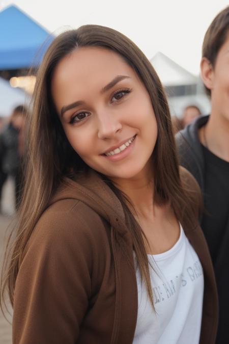 one girl with light brown hair, brown eyes, wearing colored hoody, skirt, boots, at music festival, upper body, sexy, sexy face , perfect face, perfect body, ,  ultra-detailed face, ultra-detailed eyes, looking at viewver <lora:edgRaveGirls:0.2> edgRavegirl,  <lora:Nicky Gile:0.6>, smile, upper body portrait