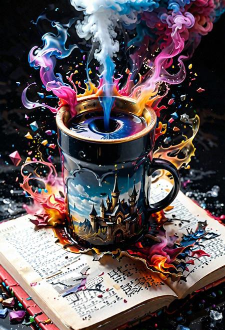 Miniature Fantasy Gothic dieselpunk Castle Universe built in a coffee cup; magical particles flying around; placed upon an open book; drowning in a cosmic burning cybernetic cloud; top down perspective, cafe background; covered in toxic multi-colored smoke; symmetrical accurate proportional detailed; wet oiled simple smooth clean vector curves vector art 4k resolution dynamic lighting sharp focus studio photo warm dreamy lighting Hyper detailed hyperrealism Epic Masterpiece 3D shading intricate incredible composition fluid acrylic bright lush color dynamic gradients bold vibrant color elegant organic ultra high quality model cinematic production character render; Beautiful gorgeous alluring passion desire ecstasy 18+ ; alcohol paint posterized masterpiece collection; By Ben Bauchau, Michael Garmash, Daniel F Gerhartz, Clint Cearley, Carne Griffiths, Jean Baptiste Monge, johan grenier, artgerm, h. r. giger, beksinski, WLOP