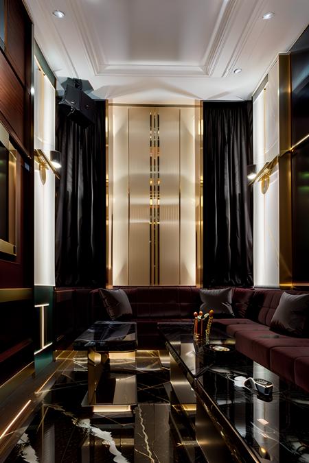 <lora:JJsKaraokeRoom:1> , ((karaoke room)) ,   interior, indoors, ((neon light)), Masterpiece, best quality, authentic, super detail , high quality, ceiling light,no humans,highly detailed, screen, sofa, table, ,RAW photo, subject, 8k uhd, dslr, soft lighting, high quality, film grain, Fujifilm XT3, Art Deco style, Symmetry, streamlined shapes, geometric patterns, luxury, modernity, glamour, sleek lines