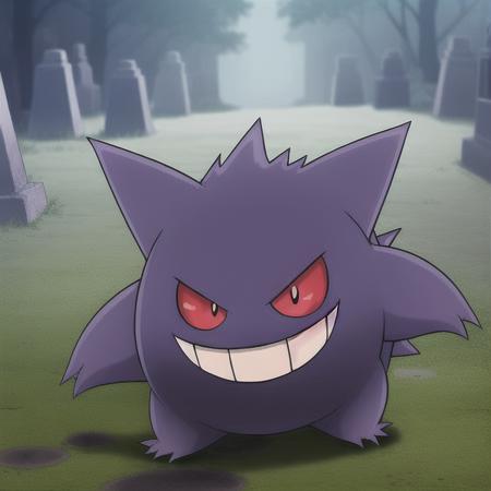 pokemon, gengar, ghost, poison, quadrupedal, creature, purple fur, (round body:1.2), short legs, toothy grin, (pointed ears:0.9), small teeth, upper jaw, fang-like, lower jaw, red eyes, yellow pupils, short tail, levitate, float, silently, ghost-type, versatile, wild, lurk, dark, abandoned places, graveyards, mischievous, shadows, appearance, fears, desires, manipulate, powerful, mysterious, unique abilities, mischievous personality, formidable, levitate, hide, shadows, attacks  <lora:Pokemon Gengar:0.65>