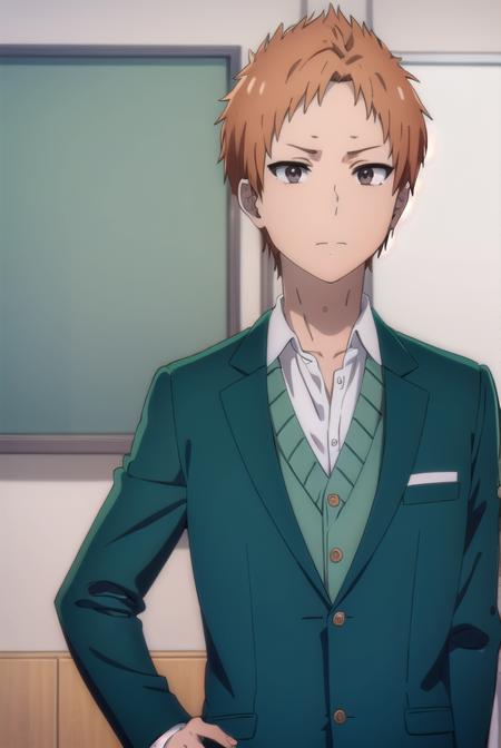 tatsumitanabe, <lora:tatsumi tanabe s1-lora-nochekaiser:1>,
tatsumi tanabe, short hair, (brown eyes:1.5), male focus, orange hair,
BREAK shirt, school uniform, jacket, white shirt, blazer, green jacket, (green blazer:1.5),
BREAK indoors, classroom,
BREAK looking at viewer, (cowboy shot:1.5),
BREAK <lyco:GoodHands-beta2:1>, (masterpiece:1.2), best quality, high resolution, unity 8k wallpaper, (illustration:0.8), (beautiful detailed eyes:1.6), extremely detailed face, perfect lighting, extremely detailed CG, (perfect hands, perfect anatomy),