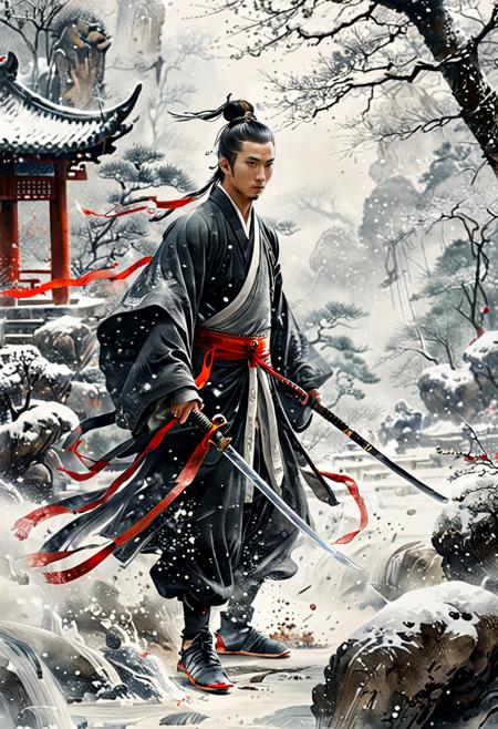 ink style,1boy,holding sword,chinese_sword,ancient chinese clothing,ancient chinese boots,chinese_style,hair_bun,headwear,expressionless,move forward,front view,((full_shot)),grove,mount,snowing,(masterpiece,best quality,highest detailed:1.2),(absurdres:1.2),<lora:add-detail-xl:1>,<lora:asianGirlsFace_v1:0.8>,<lora:lora:0.7> chinese ink,<lora:colorful-inkpainting:0.6>, colorful inkpainting,
