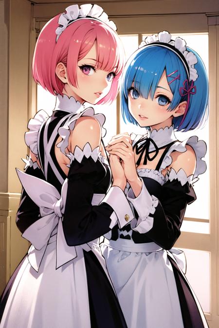 ram (re:zero), multiple girls, 2girls, sisters, roswaal mansion maid uniform, twins, siblings, pink hair, rem (re:zero), (short hair:1.4), blue hair, blue eyes, maid, ribbon, detached sleeves, red eyes, hair ornament, hair over one eye, smile, looking at viewer, holding hands, apron, x hair ornament, hair ribbon, interlocked fingers, black ribbon, frills, maid headdress, white apron, blurry background, blurry, neck ribbon, ribbon trim, bangs, breasts, blush, purple ribbon, small breasts, long sleeves, parted lips, waist apron, shiny hair, pink ribbon, dress, wide sleeves, standing, frilled sleeves, shiny, ribbon-trimmed sleeves,<lora:Takeshi Kazaki:0.8>