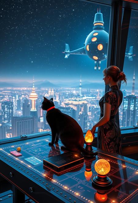 A sleek black cat with red collar sits on a cluttered metal riveted desk with transparent top and micro-LED lighted computer components visible inside, On the desk are a maneki neko statue and a lava lamp, the Black Cat is looking out of a seamless and futuristic floor to ceiling window that looks out at the lights of enormous buildings and cities far below, (((a beautiful woman, 24 years old, is standing next to the desk the cat is sitting on and looking longingly out the window, the woman is dressed in an ornate elegant Chinese style dress. An enormous deco-cyberpunk starship with futuristic lighting and an enormous space station are visible in the background among the stars, The woman's hair is elegantly tied up with a ribbon. Artistic cyberpunk, dynamic perspective, (((overall architectural aesthetic is Art Deco Cyberpunk))).  Epic image that elicits a feeling of wonder and awe, part of the interior is visible,