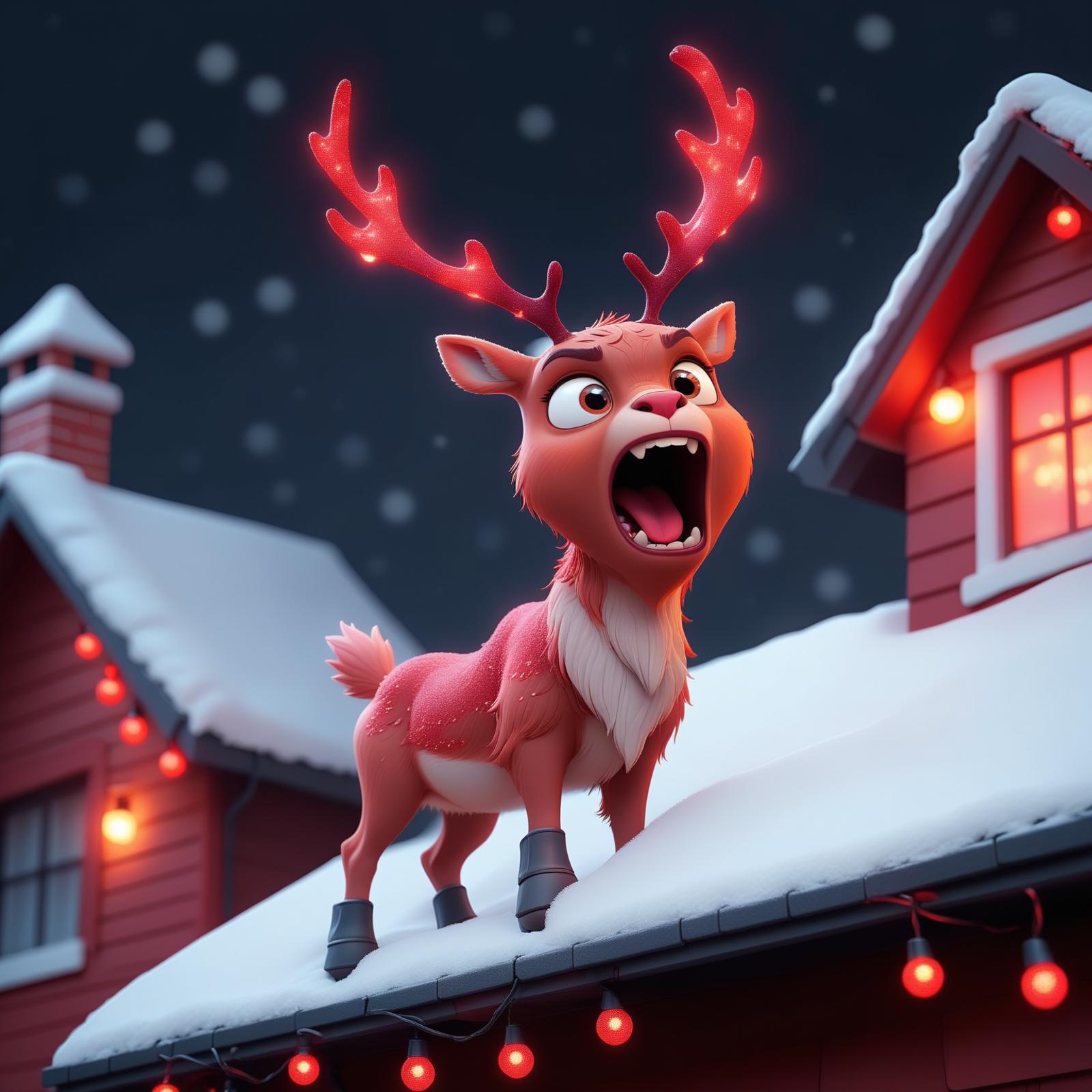 A cartoon reindeer with a red nose standing on a rooftop.