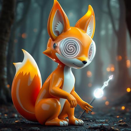 A 3D CGI rendering of a feminine, fox-like magical creature with a glossy latex aesthetic. The creature has a sleek, reflective surface in vibrant orange, yellow, and white colors. Instead of eyes, it features a futuristic, glowing visor with a hypnotic spiral pattern that emits a soft, neon light, completely obscuring any view of its eyes. The design emphasizes an elegant and slender silhouette, with graceful curves and refined facial features. It holds a glowing wand-like stick in one paw, and its sleek tail has a compartment for storing the wand. Its large ears have flame-like latex tufts, adding to its mystical and sci-fi charm. The background is a softly lit, enchanted forest with glowing embers reflecting subtly on the latex and visor surfaces.