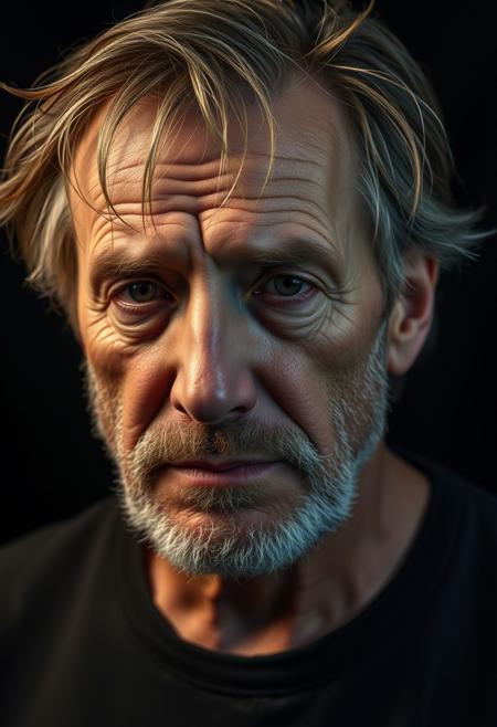 Emotional portrait photograph of a middle aged European man saddened by the realization of a wasted life. He looks disheveled with unkempt hair and beard stubble. He does not manage to control his despair and tear roll on his face.
The portrait is lit like a Rembrandt masterpiece with a pitch black backdrop.
He says is a caption: "too old and too ugly for only fans. I waste my life on AI waifu. I need help."