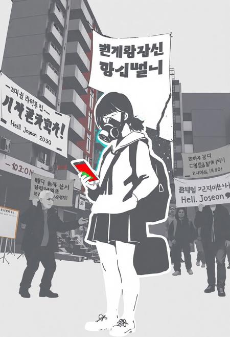 JNANX,luminous white silhouette,cyan glow,emerald highlights,flickering outline,dreamlike movement,
A Banksy-style stencil graffiti artwork. A Korean high school student wearing a school uniform and a gas mask stands in front of a collapsing apartment building with a huge banner reading: "Cheong-yak dae-gi 10-nyeon"). She holds a smartphone showing a cryptocurrency chart, ignoring a homeless elderly man reaching toward her. Behind them, protest banners say: "Hell Joseon 2030" and "Equal opportunity, but the result is your responsibility". The entire image is grayscale, except for the glowing phone screen in red and green. Bold, satirical, politically and socially critical.