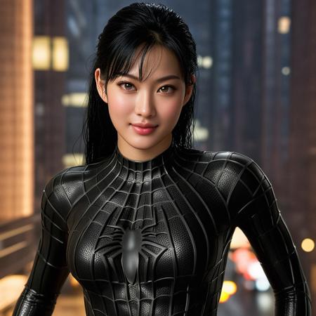 score_9, score_8_up, score_7_up, best quality, realistic, masterpiece, beautiful detail, hyperrealistic, ((1girl, woman body, large breast)), amazing detailed full body of a cute korean girl, cute face, wearing a realistic and highly detailed black raimi spider-man suit, black spiderman mask, ((defined muscular girl)), professional model wears ultra - detailed black raimi spider - man suit, ultra - detailed and grained black raimi spiderman suit, suit covered entire body and hand, black spiderman gloves, wet, (black hair, attraction, light smile), octane render, highly detailed, volumetric, dramatic lighting, (highest quality:1.1), (HDR:1.3), (top quality, best quality), realistic, high definition,