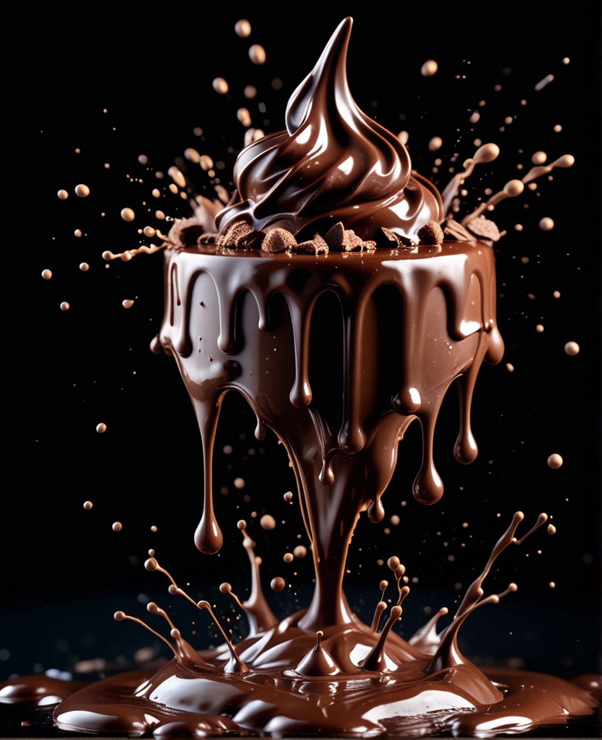 cake, chocolate, liquid splashes, merging, melting, splashing, droplets, mixing, fading away, exploding, swirling, intrica...