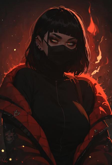 score_9, score_8_up, score_8_up, 1girl, anime style, (depth of field), intimate raw shot, (goth girl, face mask, ski mask), big breasts (open jacket, off shoulder), (holding a weapon), (glowing particles, flames), moody lighting, mysterious ambiance, dark colors, ultra-detailed, high quality, mixed media, captivating emotions, intriguing contrast, dynamic composition, provocative vibe <lora:g0th1cPXL:0.65> <lora:incase-ilff-v3-4:0.80>