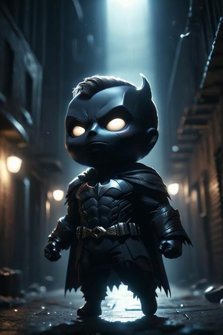 batman in a dark alley, at night, spooky, sinister, scary, strong backlight, grim, low angle, from below, imposing, dramatic scene, deep shadows, strong chin, face focus, 
 <lora:ral-smlvltnpls:0.8> ral-smlvltnpls <lora:DotStyle_SDXL:0.8> dotstyle, abstract, bokeh, glowing