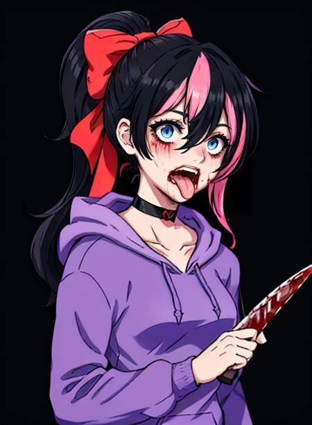 best quality, (masterpiece),(ultra-detailed), (high quality), (high resolution), <lora:nina:0.7> ,nina the killer, white skin, blood on face, purple hoodie, black choker, pink hair, hood down, red bow, simple background, long hair, weapon, black hair, blood on weapon, blood, two-tone hair, hood, bow, multicolored hair, tongue, holding knife, black background, artist name, tongue out, streaked hair, breasts, ponytail, 1girl, knife, blue eyes, hoodie, holding, solo, hair between eyes, choker, collarbone, hair bow, open mouth, teeth, yandere, blood on knife