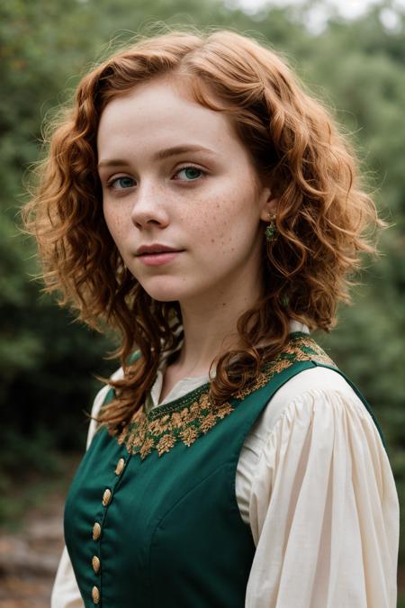 RAW Photo, close up portrait, BREAK
Sophia Lillis with curly hair, BREAK
Medieval, (Scottish, young woman, Sophia Lillis, standing outside), BREAK
thin, wearing emerald green colored clothes, long medieval dress, Turmeric colored, curly Copper hair, freckles, BREAK 
folklore, traditional maid dress, green colored, BREAK
photorealistic, soft lighting, vibrant colors:1.8, 105mm professional photography, (vintage style:0.25), (high detailed skin:1.2), 8k uhd, dslr, soft lighting, high quality, film grain, Fujifilm XT3, BREAK 
<lora:add_detail:0.25>, Scottish highlands, castle