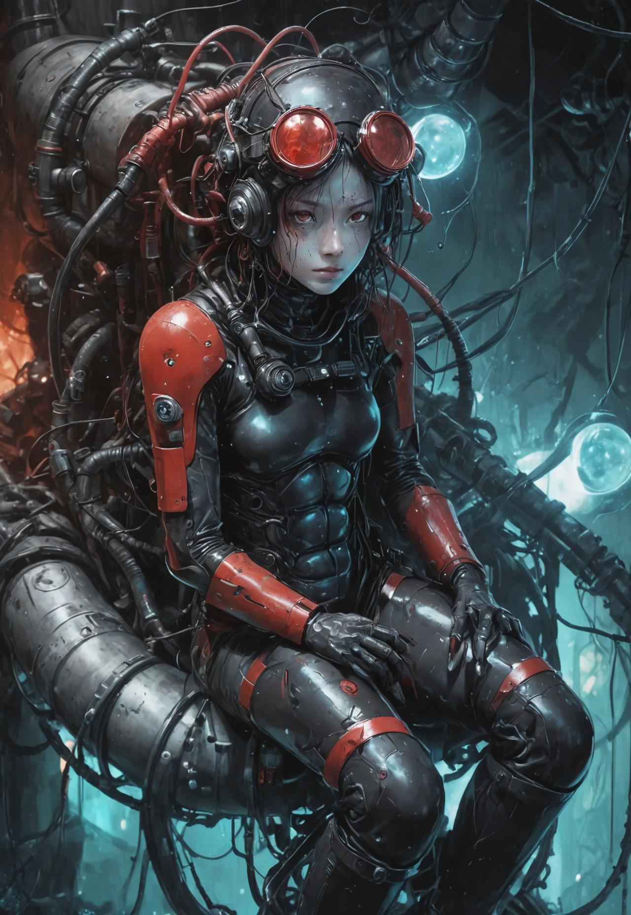 Blame! by Tsutomu Nihei like picture, paintbomb, inside a tank, red mechanical girl,  is laying in black goo inside a cylinder tank, sleeping, completely inside goo, white symbiotic cyborgs, cables through the body, eyes closed, breath bubbles, cyan spheres, white thick smoke, goggles, snorkel, cables and tubes everywhere, monitors everywhere