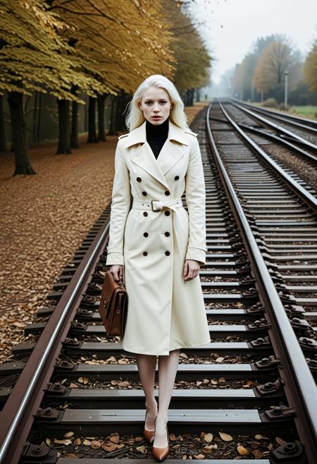 analogue photo of a beautiful 25 years (((albino woman:1.5))) with white hair (((pale skin:1.5))), white hair, <lora:Lumiya_SDXL:0.6>, A woman in a heavy trench coat and wool skirt stands on an empty railway platform as the final autumn leaves scatter at her feet, her suitcase slightly ajar revealing old photographs; late-evening fog creeps toward her through tunnel arches as distant thunder rumbles.
