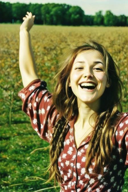 kgface, a photo of a young woman in a field, happy, dancing, brown hair, large breasts