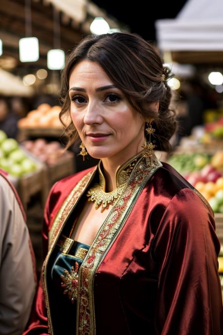 <lora:Suranne_Jones:1> masterpiece, best quality, detailed face, a mature s1873j, 1girl, solo, oriental costume ,  market , evening