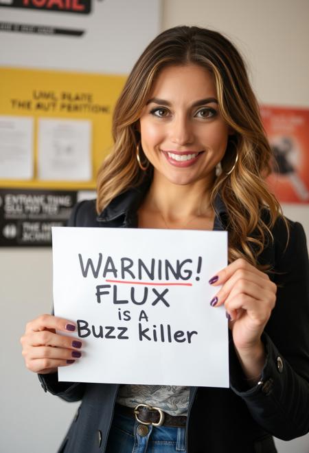woman holding paper "Warning! Flux is a Buzz killer"
