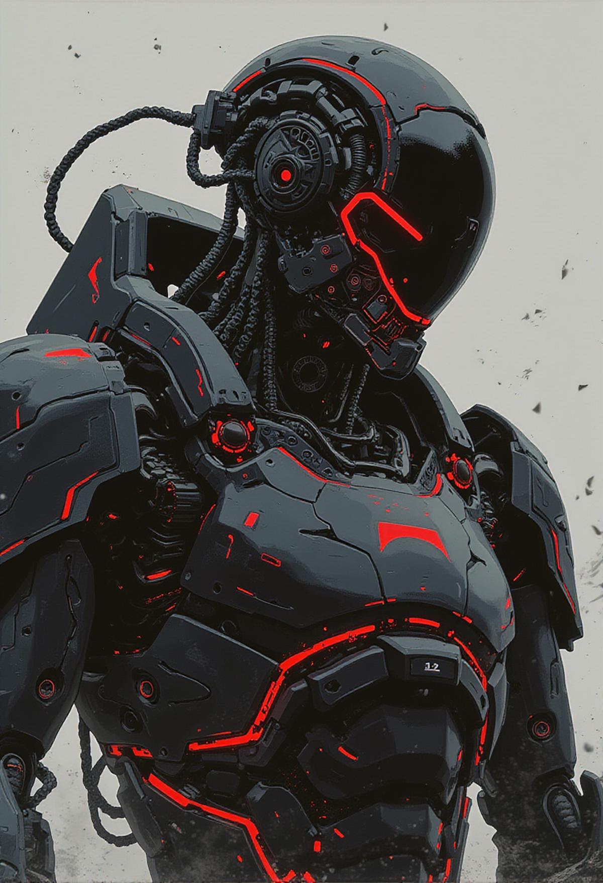 A highly detailed and intricate robotic figure, predominantly black in color, showcases a complex design with numerous components, cables, and mechanical parts. The robot appears to be made of a combination of metal and plastic, with red accents. The background is blurred, emphasizing the robot as the main subject., with a high level of quality and depth  displaying a detailed texture and vibrant colors,  artistic concept art with fine chaotic brush strokes,     <lora:MJanime_flux_lora_v1:1.0>